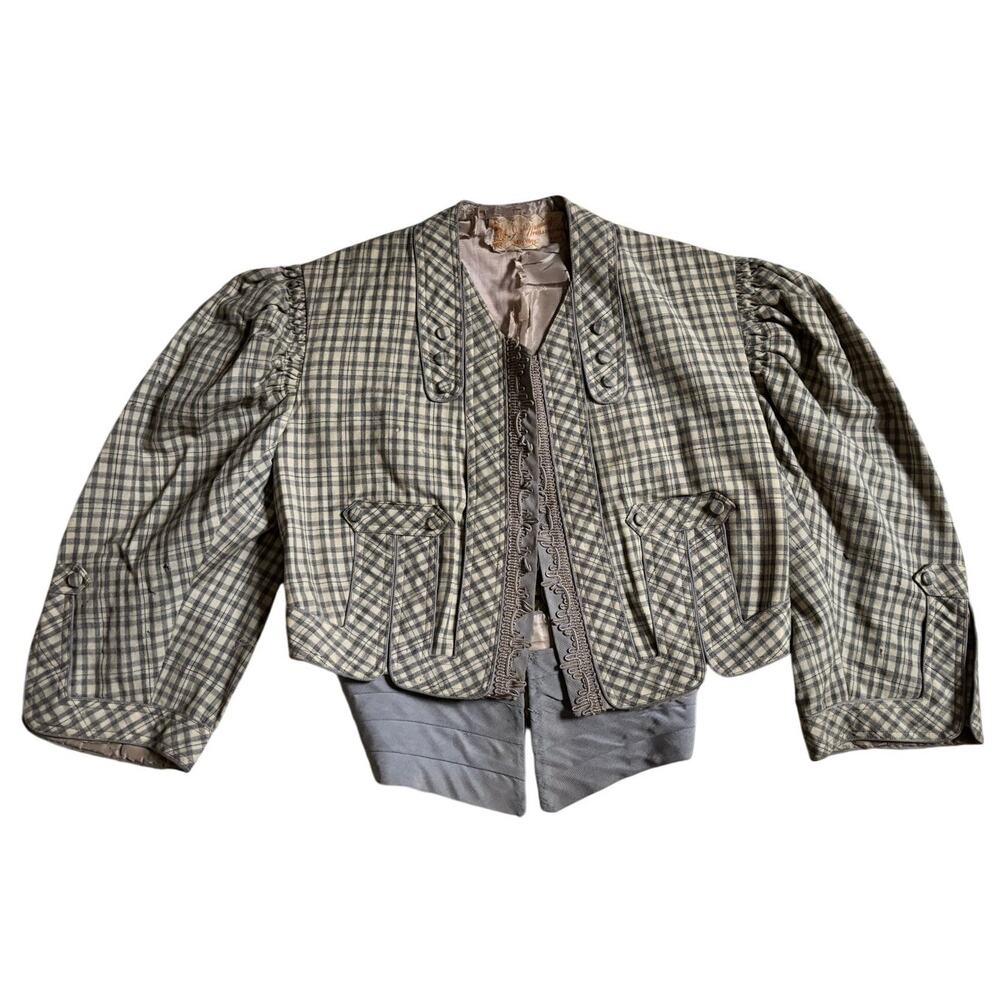 Antique 1890s John Wanamaker Wool Jacket Leg of Mutton Sleeves Victorian Plaid